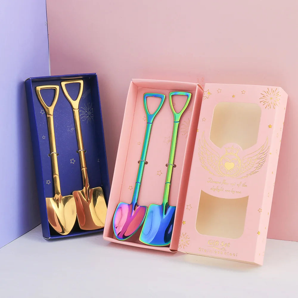 Hot Selling Creative Stainless Steel Shovel Shaped Dessert Spoons Colorful Business Gifts for Tea Coffee and Coffee Spoons