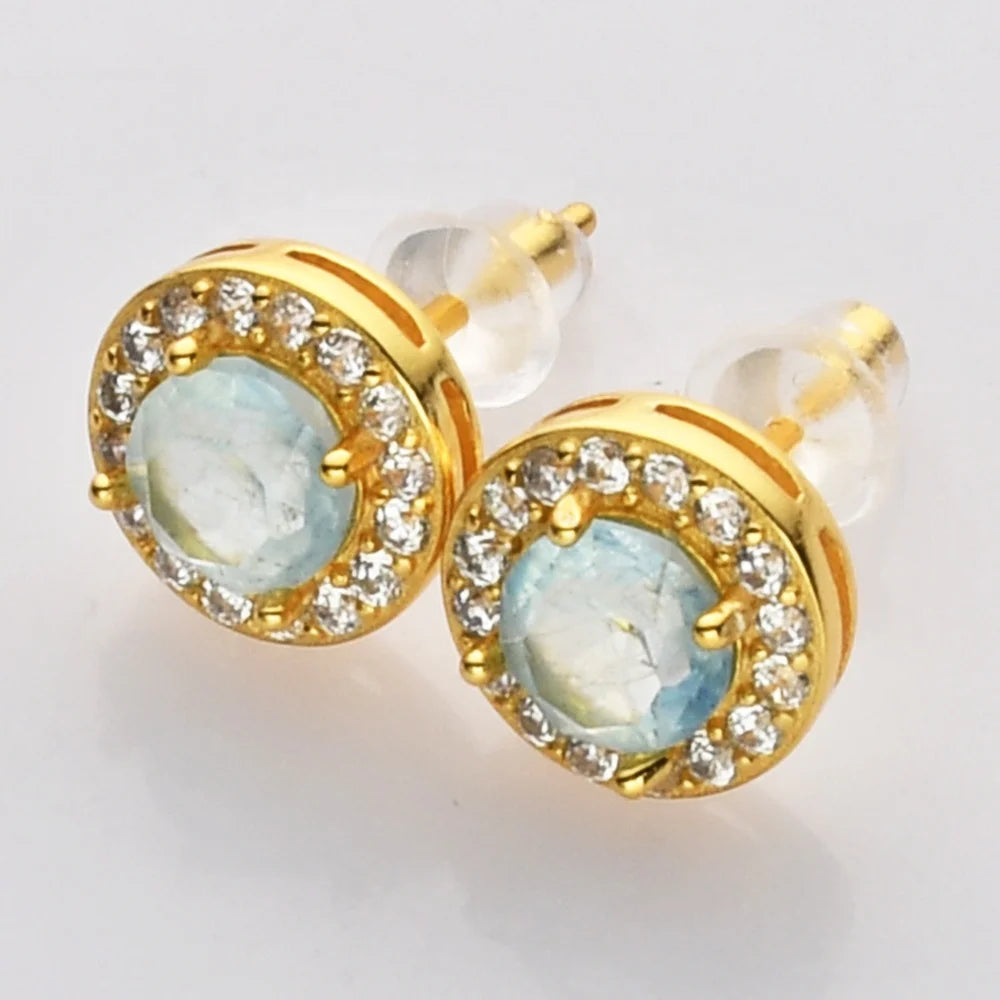 MSS216 Round Sterling Silver rainbow Moonstone Aquamarine Statement Fine Jewelry Earrings