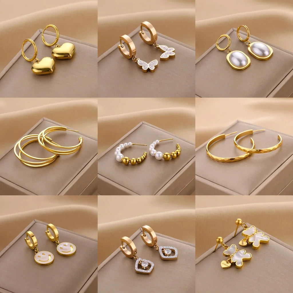 VKME Luxury Stainless Steel Pendant Earrings Geometric Heart Butterfly Drop Hoop Earrings for Women Fashion Jewelry