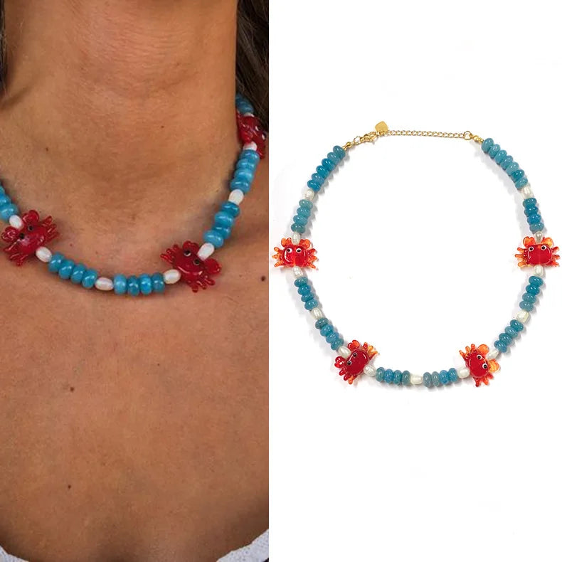 Summer Hot Personality Clavicle Necklace Vacation Jewelry Glass Crab Freshwater Pearl Handmade Beaded Necklace for Women