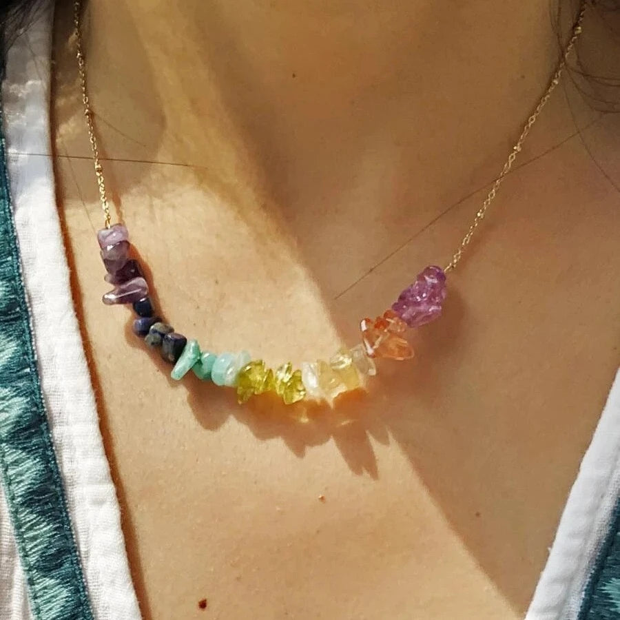 Gold Plated Boho Spiritual Women's Necklace Rainbow Color 7 Chakra Healing Stone Beads Geometry Charms for Party Wedding Gift