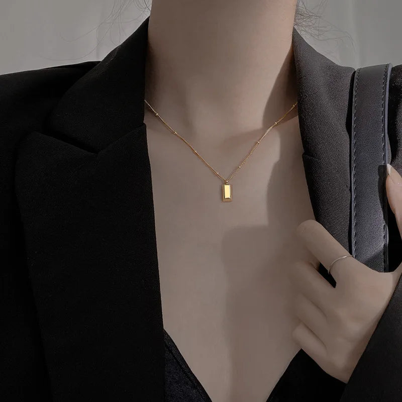 Solid Gold Plated Long Bar Necklace for Women Single Bead Thin Rectangle Bar Pendant Pearl Diamond for Weddings Christian