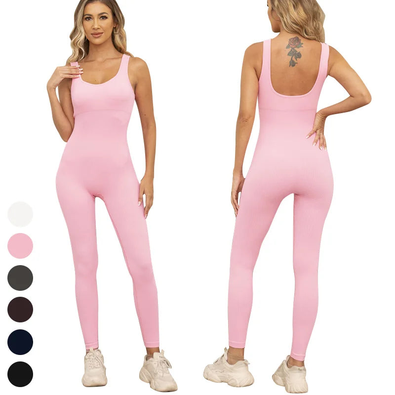 Big U Back Design Butt Lifting Jumpsuits Custom Workout Wear Gym Fitness Ribbed Bodysuit Women Seamless One Piece Yoga Jumpsuit
