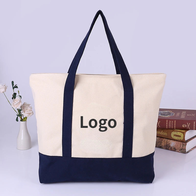 Customized Canvas Shoulder Bag Color Printed Logo Women's Reusable Shopping Bags Large Capacity Cotton Tote Grocery Handbags