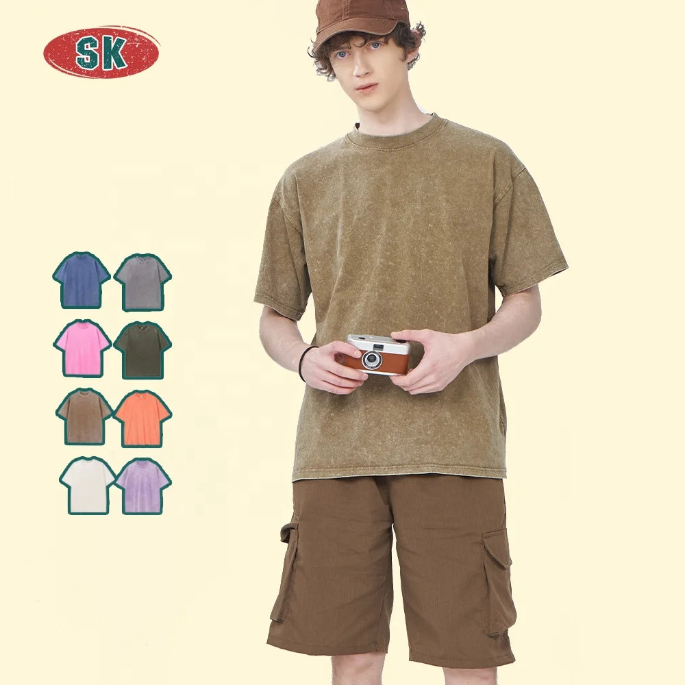 Heavy Washed Solid Color T-shirt Oversize Tshirt Men's Short Sleeve Wholesale 100%cotton 260G Plus Size 1 Piece Customized Logo