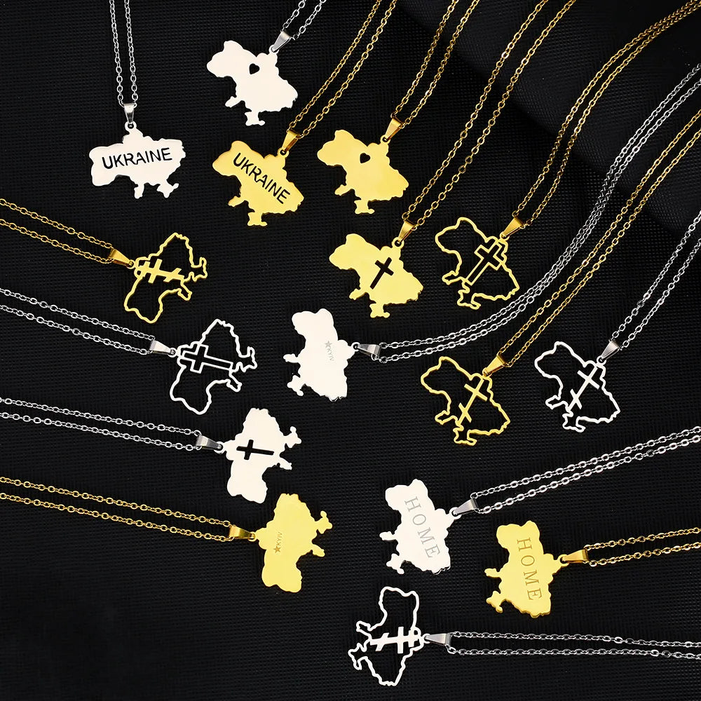 Ukraine Map Chain Necklaces Stainless Steel Silver 18K Gold Plated Ukraine National Flag Map Pendant Necklace