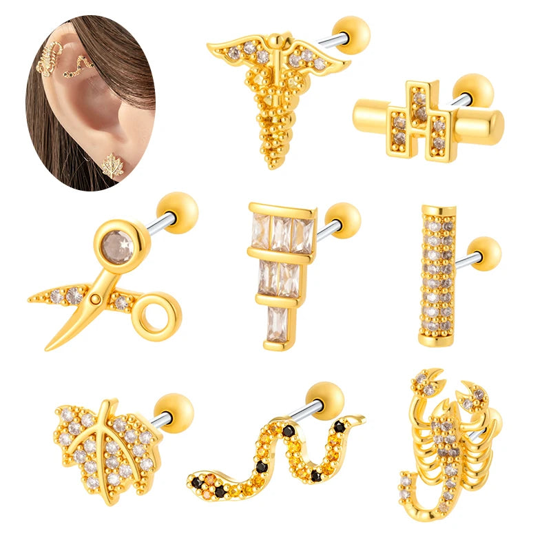 HENGSEN Wholesale Stainless Steel Jewelry Gold Plated Ear Stud Snake Scissors Leaf Cartilage Piercing Jewelry Earrings for Women