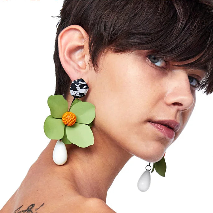 Women's Brand New Design Gold Acrylic Resin Flowers Drop Earrings Fashion Bohemian Style Trendy Statement ZA Dangle Jewelry