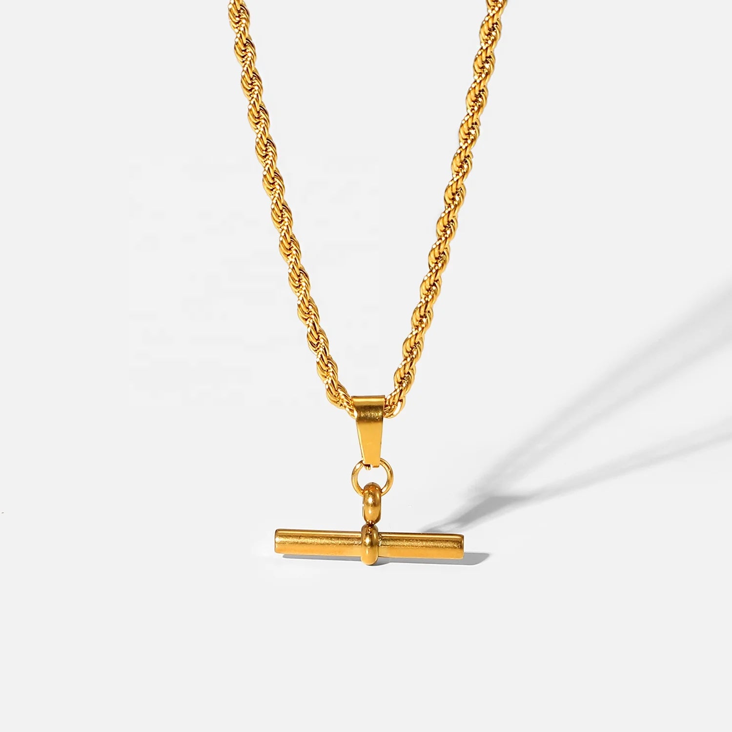 18K IP Plated Twist Chain T-bar Pendant Necklace Stainless Steel Rope Chain T-bar Pendant Necklace