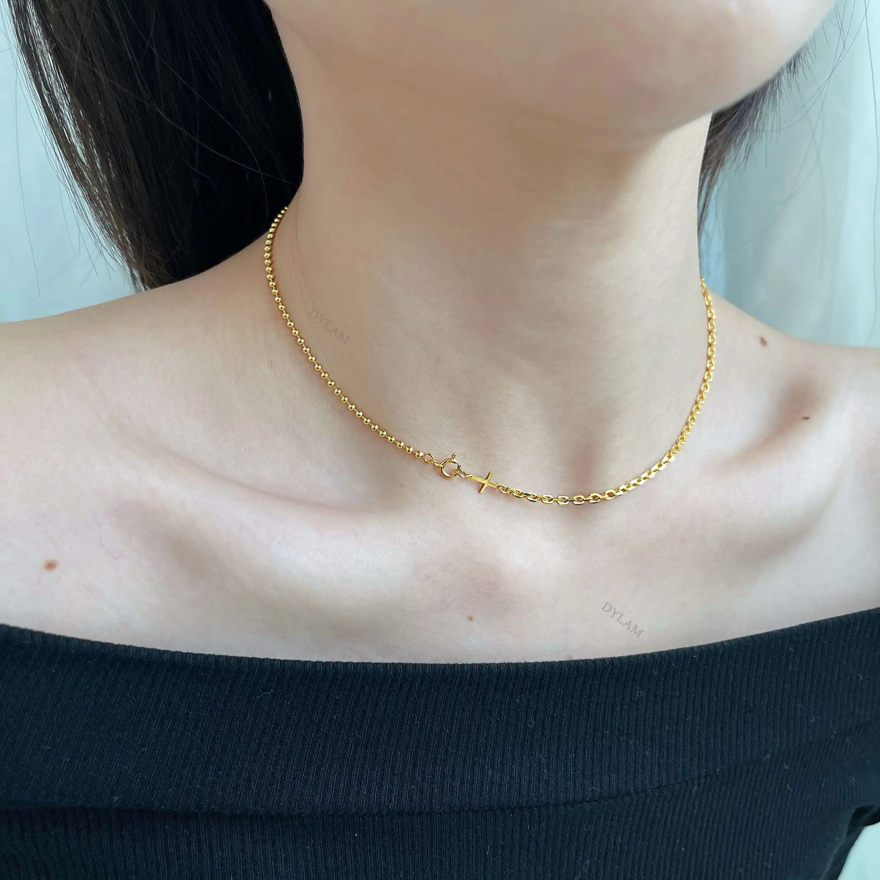 Dylam Jesus Thin Bead Chain Necklace 18k Gold Jewelry 925 Sterling Link Chain Crucifix Silver Cross Necklace