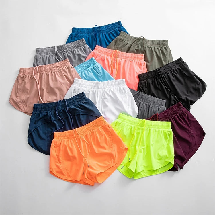 Custom Women Sportswear Summer Shorts Double Layer Elastic Quick Dry Sweat Wicking Breathable Yoga Shorts Gym Running Shorts