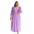 Custom Color Women V Neck Maxi Dress Three Quarter Puff Sleeve Ruffle Shoulder Embellished Belt Loose Fit Casual Wear