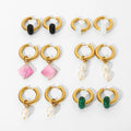 18k Gold Plated Stainless Steel Hoop Huggie Freshwater Pearl Natural Opal Stone Agate Drop Earrings