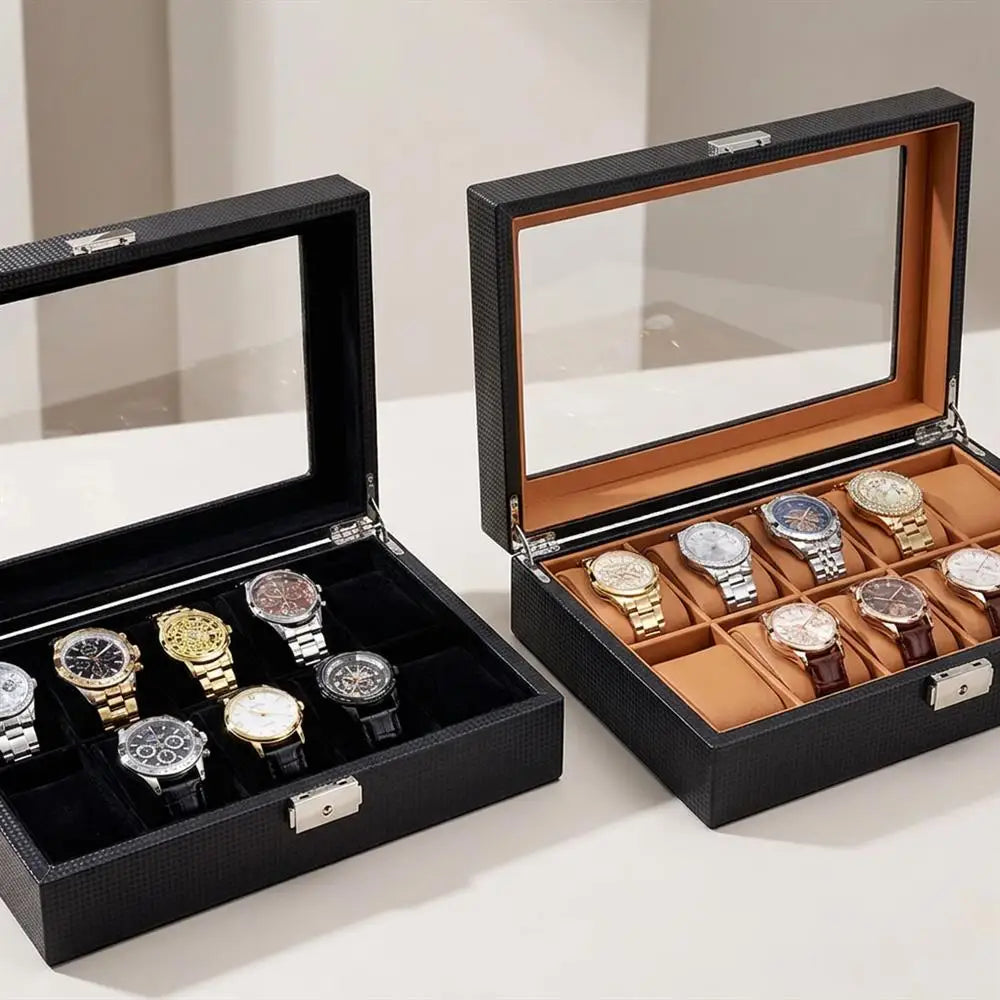 Premium 12-Grid Carbon Fiber Leather Watch Organizer Modern Sport Style Watch Showcase With Glass Lid & Metal Lock for Boutique
