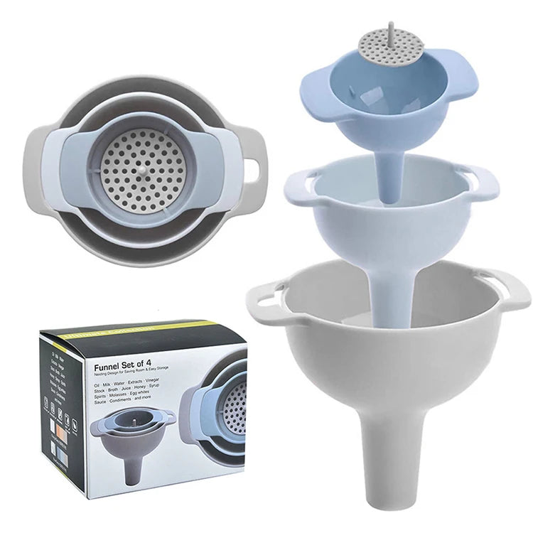 4 in 1 Kitchen Tools New Trends Eco-Friendly Food Grade Plastic Funnel Set Multifunctional Oil Wine Strainer Filter Box Packing