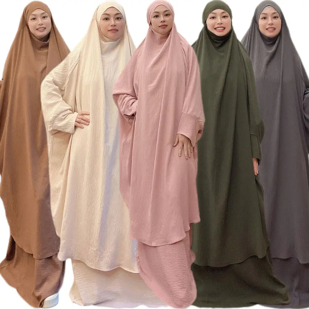 2022 New Islamic Clothing Soft Wrinkle Polyester  Turkish Women 2pc Muslim Prayer Dress Abaya Set Wholesale