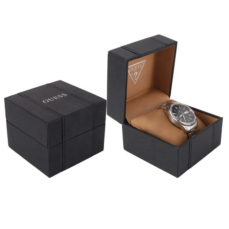 Factory Custom Black Brown PU Leather Watch Packaging Box with Silver Foil Logo Premium Watch Cases
