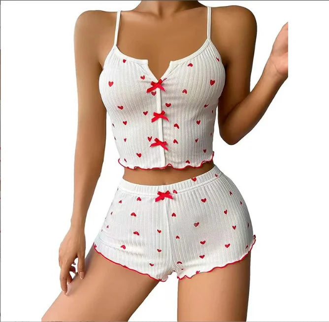 In Stock Fashion Print Heart 2 Pieces a Set Women's Sleepwear Hot Pyjamas Women Sleepwear