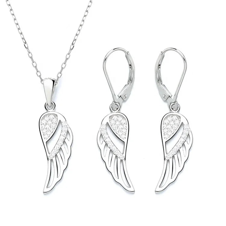 Real Silver 925 Angel Wing Jewelry Set Dangle Earrings and Pendant Necklace Set for Women