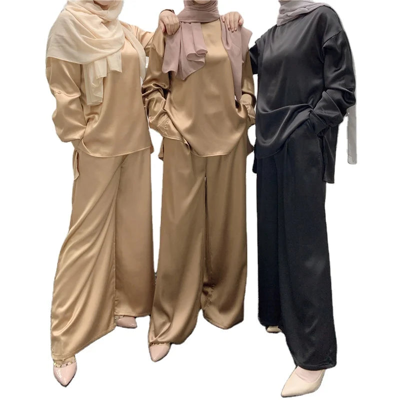 2022 Dubai Turkish Modern Casual Set Outfit Satin Loose Top and Pants Set Islamic Set Wholesale