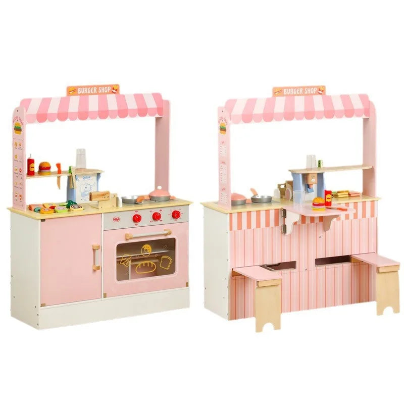 Wholesale Children Pink Wooden Double Sided Bread Cutting Kitchen Set Educational Pretend Cooking Stool Toys for Boys Girls