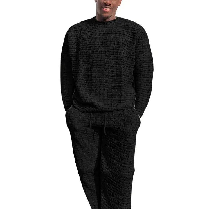 Casual Two Piece Sets Knitted O Neck Long Sleeve Shirts and Pants Suit for Men 2024