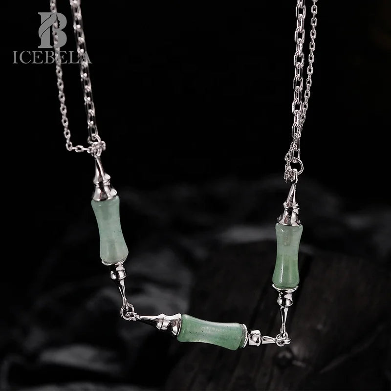 ICEBELA Jewelry New Chinese Green Jade Chain Necklace Women's S925 Sterling Silver Chinese Style Bamboo Design Jewelry Necklace