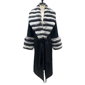 Wholesale Custom Winter Women Belted Long Cashmere Wool Coat With Detachable Real Rex Rabbit Fur Collar Cuffs