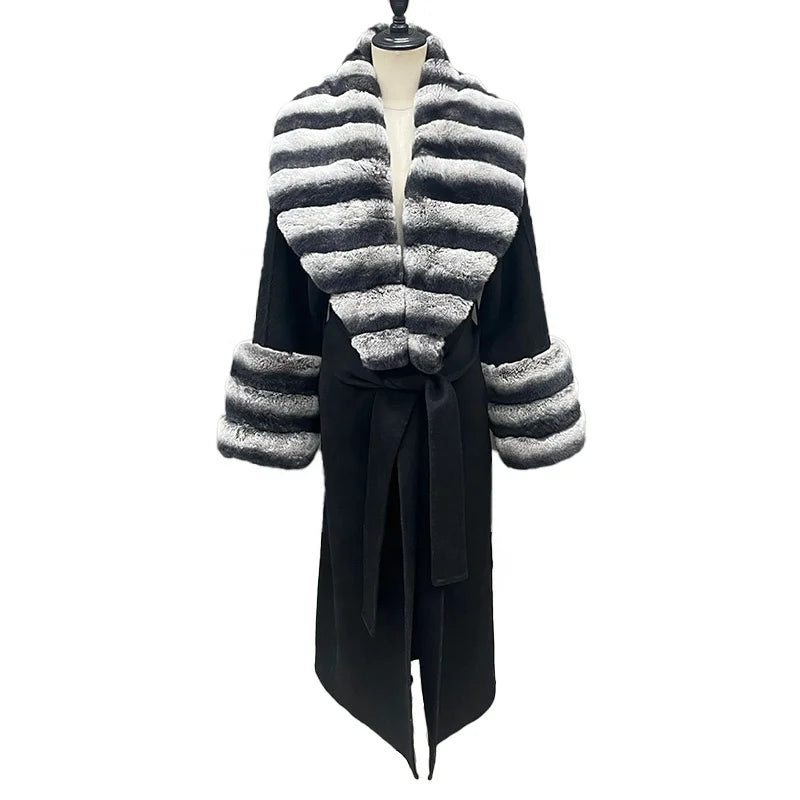 Wholesale Custom Winter Women Belted Long Cashmere Wool Coat With Detachable Real Rex Rabbit Fur Collar Cuffs