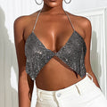 Stylish Foreign Trade Women's Clothing: Nightclub Low-cut Backless Glitter Chain Split Top