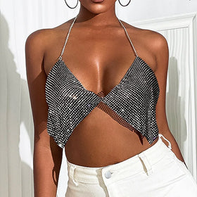 Stylish Foreign Trade Women's Clothing: Nightclub Low-cut Backless Glitter Chain Split Top