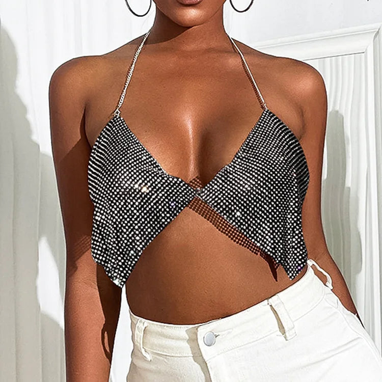 Stylish Foreign Trade Women's Clothing: Nightclub Low-cut Backless Glitter Chain Split Top