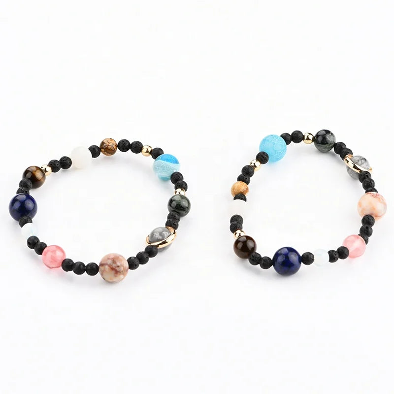 4mm Natural Gemstone Lava Stone Stretch Galaxy Planets Black Lava Stone 7 Chakra Bracelet
