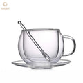 Double Wall Glass Coffee Mug with Handle Insulated Clear Espresso Cup with Glass Saucer and  Spoon Cappuccino Latte Tea Cup Set
