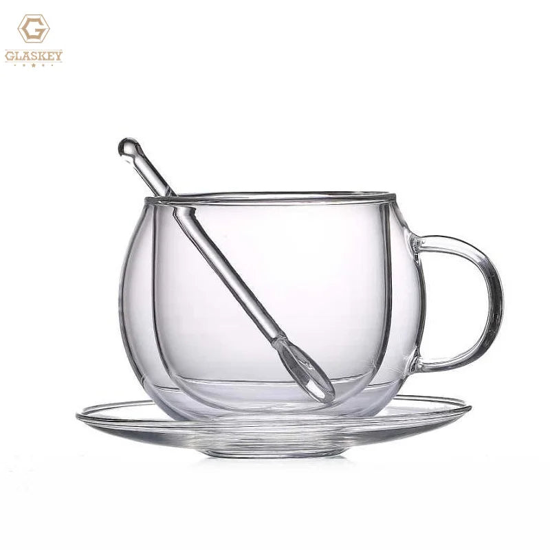 Double Wall Glass Coffee Mug with Handle Insulated Clear Espresso Cup with Glass Saucer and  Spoon Cappuccino Latte Tea Cup Set