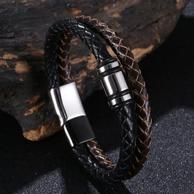 High Polished Engraved Magnetic Clasp Men's Woven Braided Black Brown Leather Bracelets Double Layer Leather Bracelet OT-236