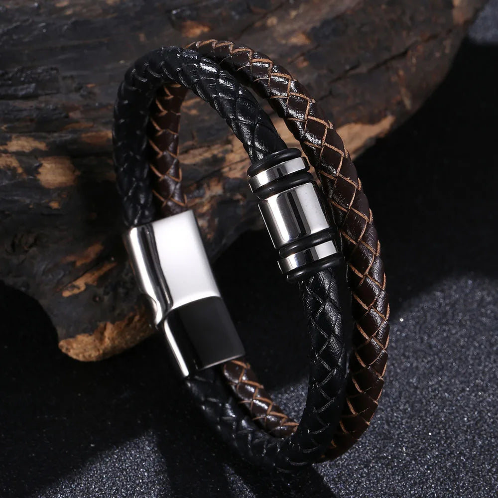 High Polished Engraved Magnetic Clasp Men's Woven Braided Black Brown Leather Bracelets Double Layer Leather Bracelet OT-236