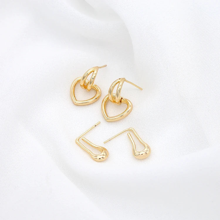 Factory Brass 14K Gold Plated Silver Needle Studs Earring With Smooth Geometric Heart Diy Women's Earrings Jewelry Accessories