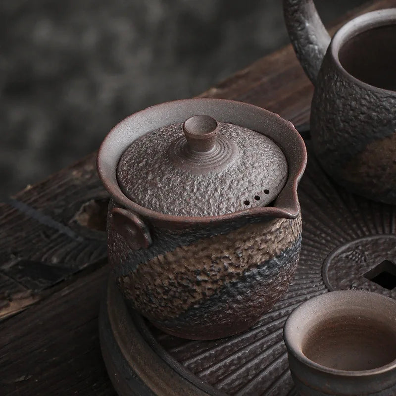Gilding Iron Glaze Stone Pattern Pot Japanese Retro Ceramic Teapot Stoneware Tureen Pu'er Tea Making Device Gaiwan