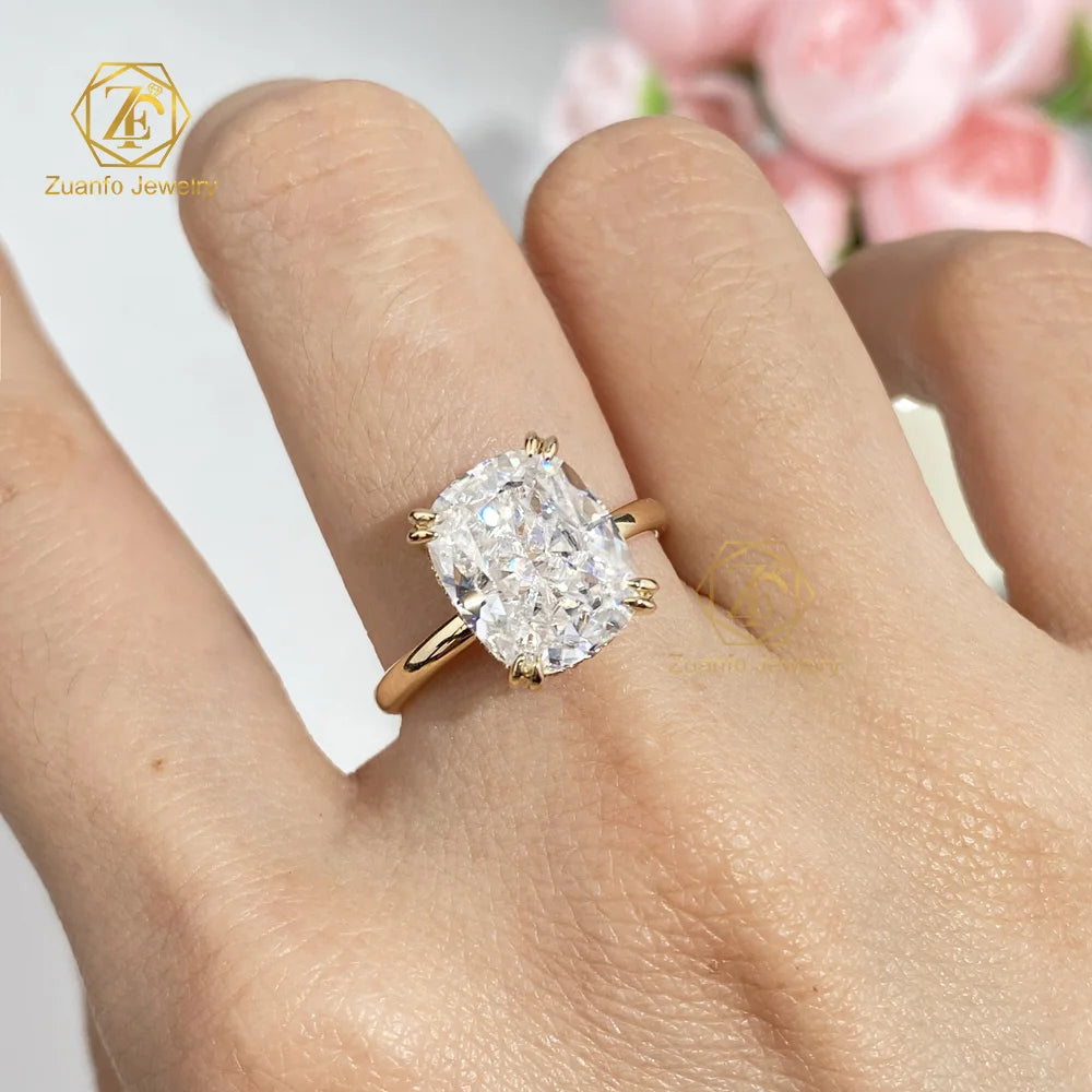 Custom 5CT VVS Moissanite Solitaire Engagement Wedding Ring Long Cushion with 18K Gold Jewelry for Women
