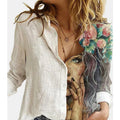 Fashion Retro Portrait Floral Print Women Shirt Autumn Stitching Button Long Sleeve Cotton Linen Blouses Casual Street Lady Top