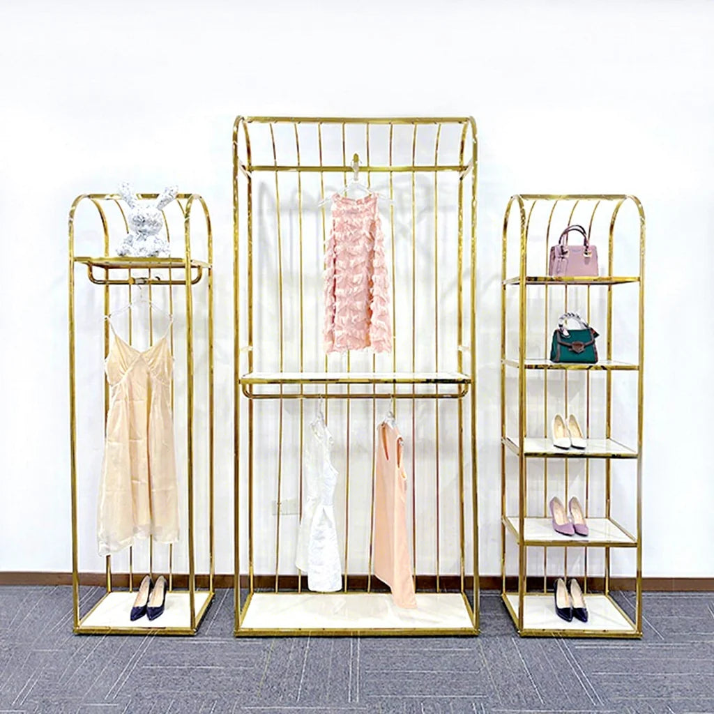 Popular Vintage Clothing Stand Boutique Clothing Store Furniture Shiny Gold Metal Garment Clothing Rack