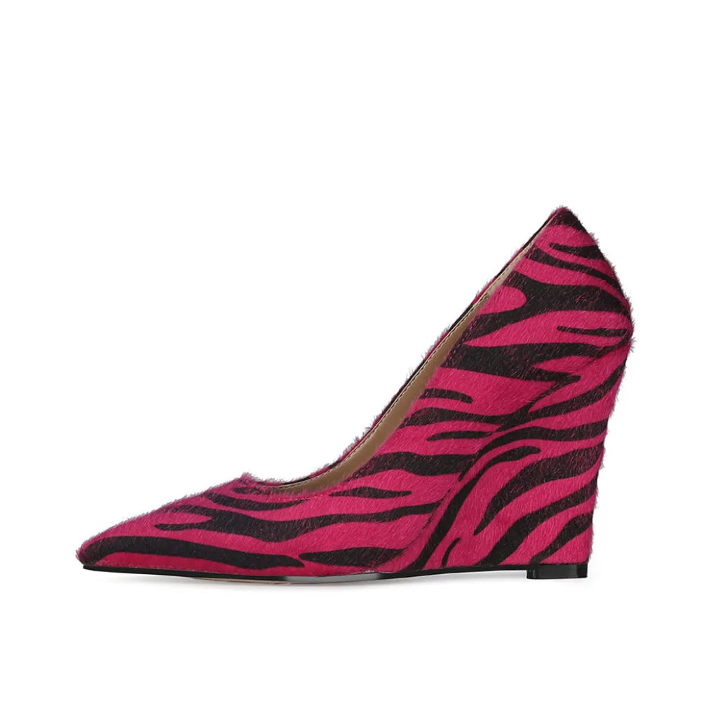 OEM/ODM Ladies Wedge High Heels Slip-On Arch Support Anti-Slippery Striped Zebra Stripe Fauk Horse Hair Pump Shoes All Seasons