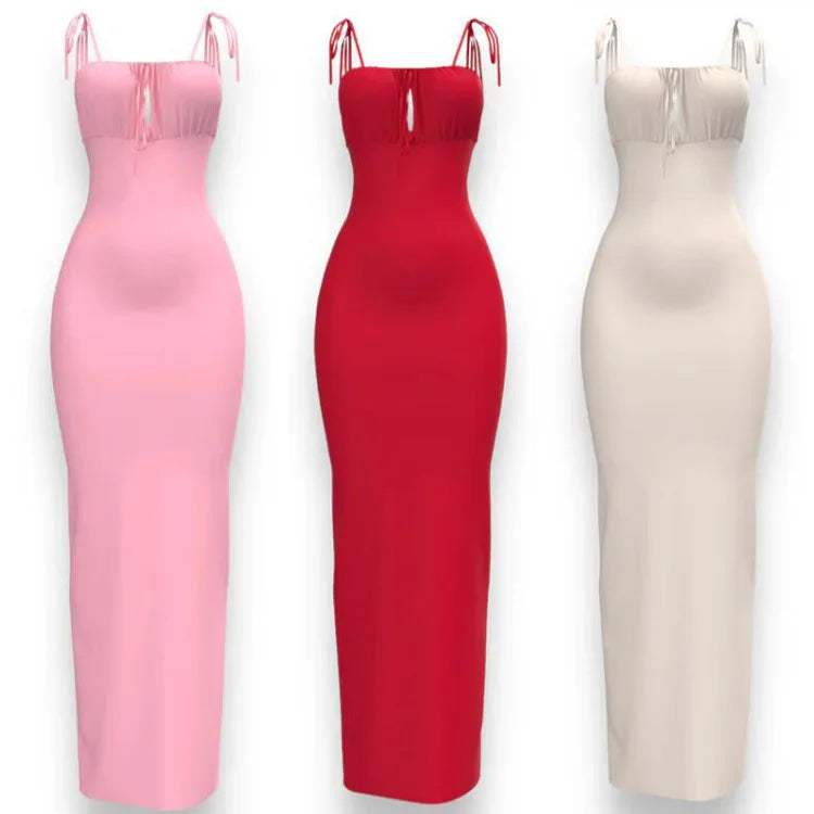 High Quality Sexy Slim Fit Solid Printed Long Dress Lace up Backless Dress Women