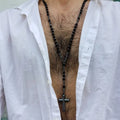 Natural Stone Frosted Black Onyx Catholic Christ Rosary Necklaces With Hematite Cross Pendant Men Necklace Meditation Jewelry