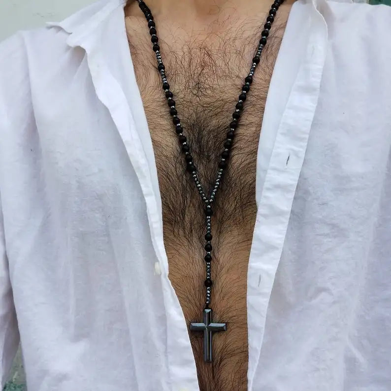 Natural Stone Frosted Black Onyx Catholic Christ Rosary Necklaces With Hematite Cross Pendant Men Necklace Meditation Jewelry