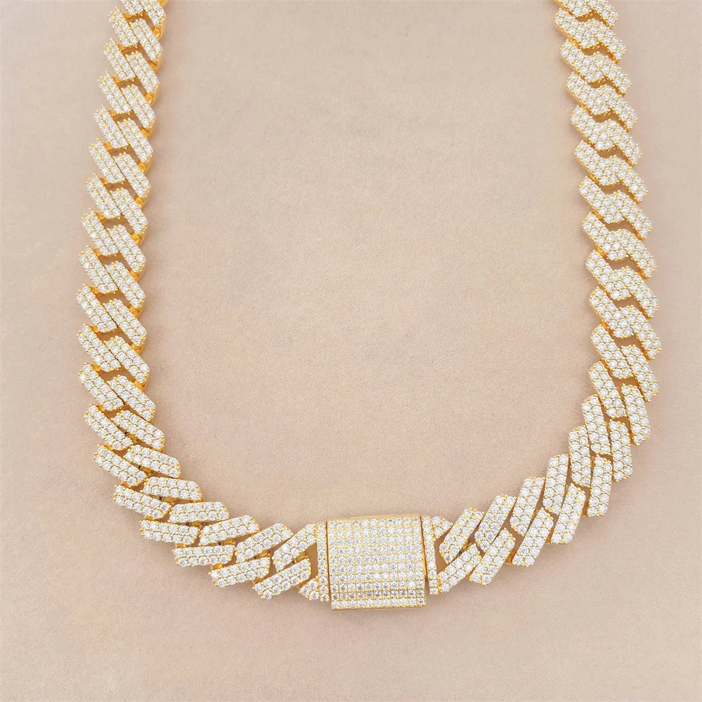 15mm Cuban Link Chain Moissanite Men Chain Necklace 925 Sterling Silver Moissanite Hip Hop Jewelry