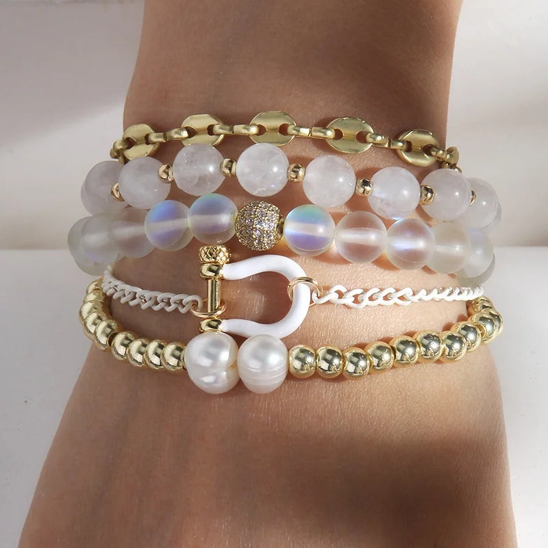 Custom Jewelry Chain Handcuff Bracelet Natural Stone Polymer Clay Crystal Glass Peace Hematite Freshwater Pearl Bracelet Set