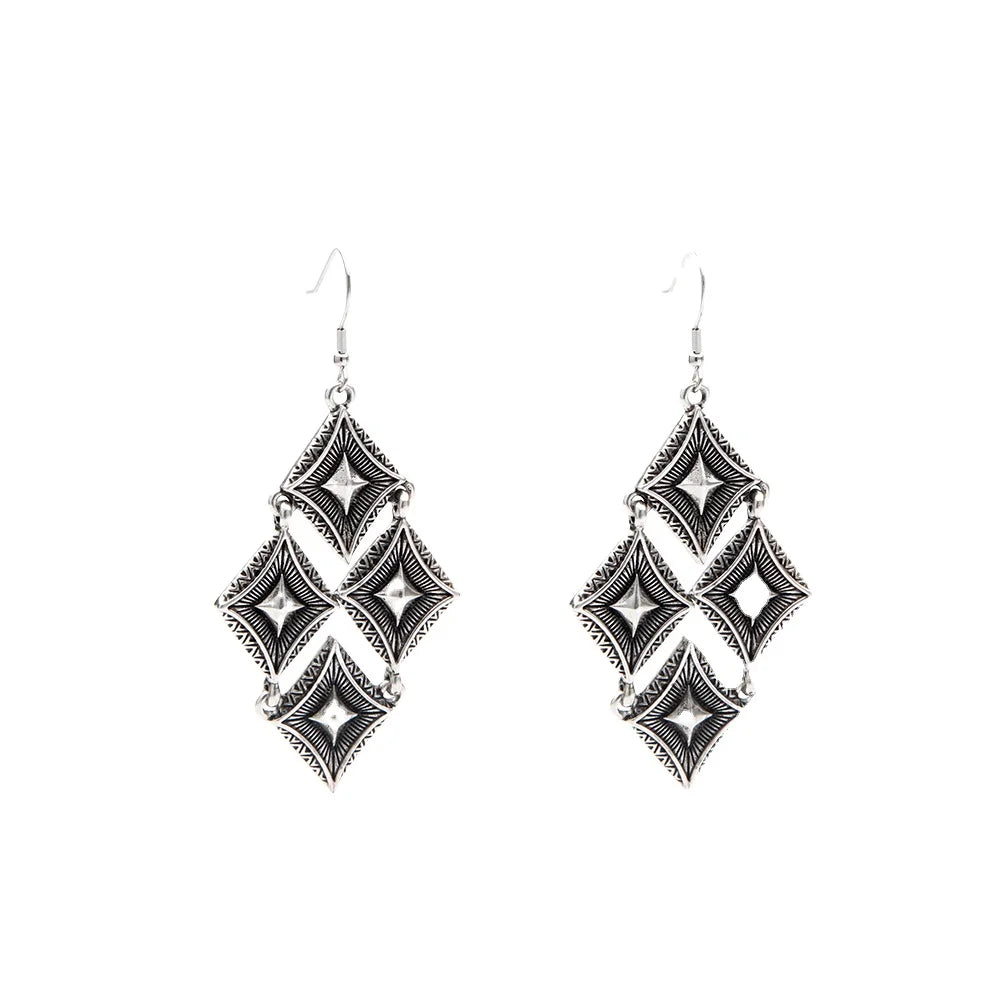 Big Discount Price Multi Antique Star Rhombus Earrings Vintage Black Tone Boho Statement Chandelier Drop Dangle Earrings