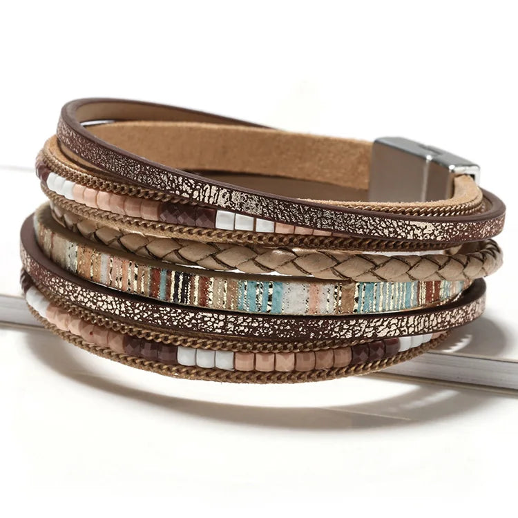 New Bohemian Beaded Leather Bracelet Exquisite Braided Leather Bracelet Fashion Magnetic Clasp Leather Bracelets for Women